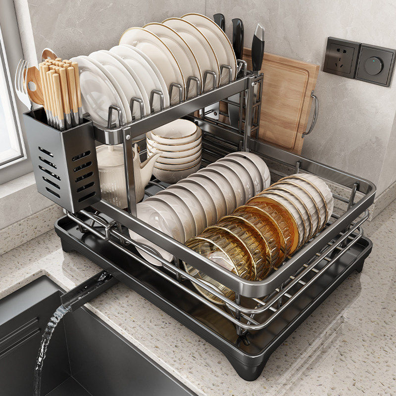 Stainless Steel Kitchen Dish Drainer Rack with Utensil Holder
