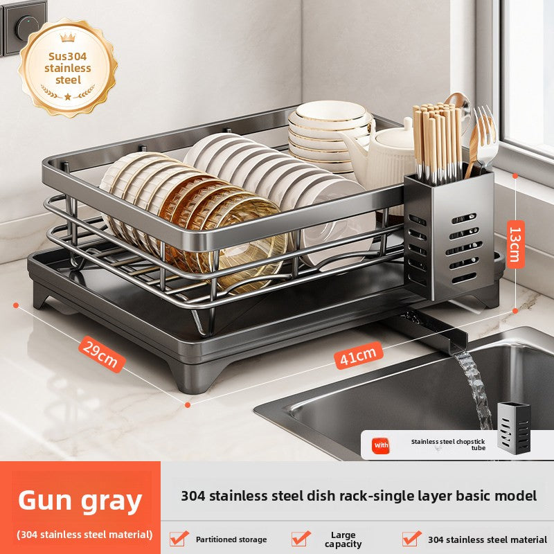 Stainless Steel Kitchen Dish Drainer Rack with Utensil Holder