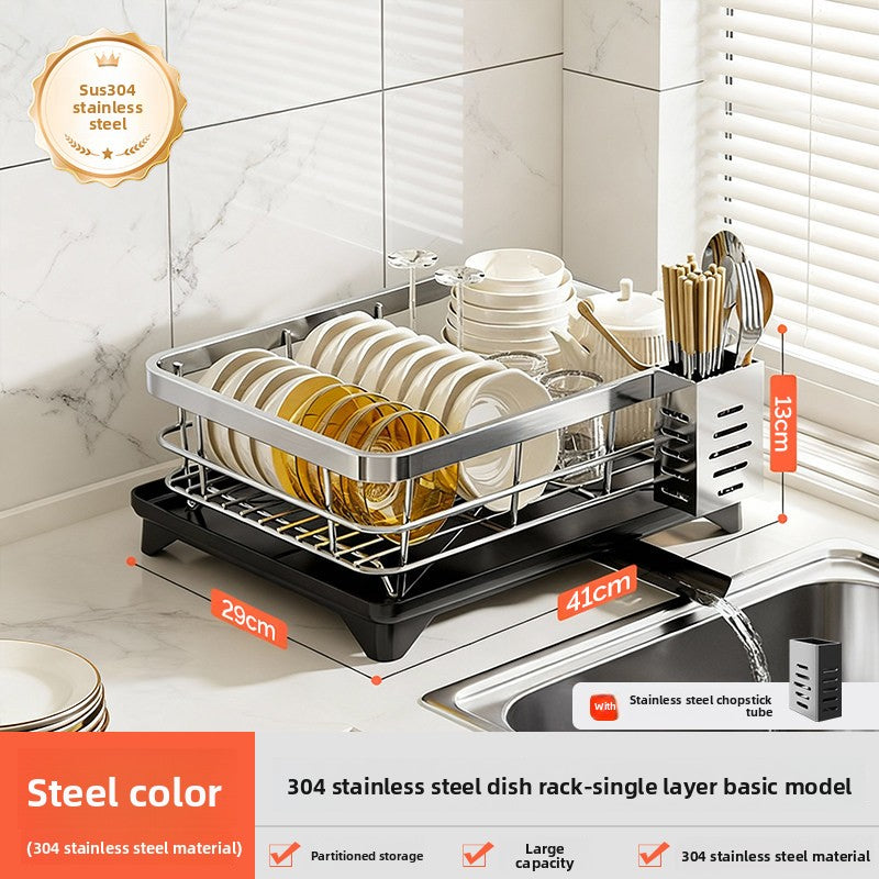Stainless Steel Kitchen Dish Drainer Rack with Utensil Holder
