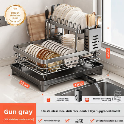 Stainless Steel Kitchen Dish Drainer Rack with Utensil Holder