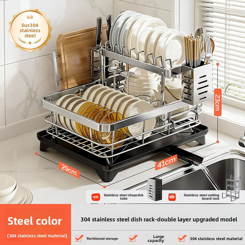 Stainless Steel Kitchen Dish Drainer Rack with Utensil Holder