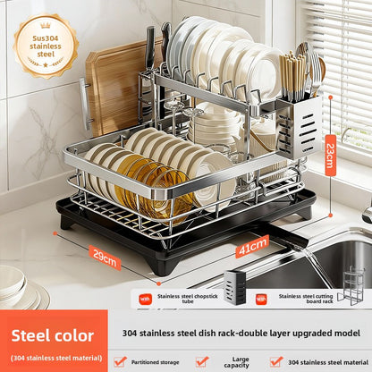 Stainless Steel Kitchen Dish Drainer Rack with Utensil Holder