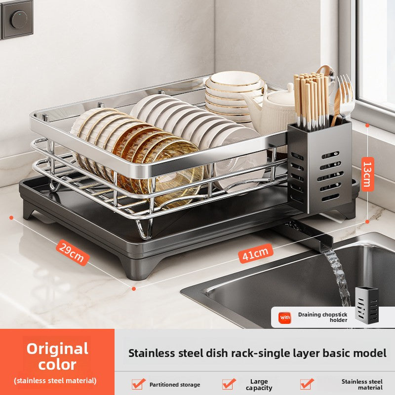 Stainless Steel Kitchen Dish Drainer Rack with Utensil Holder