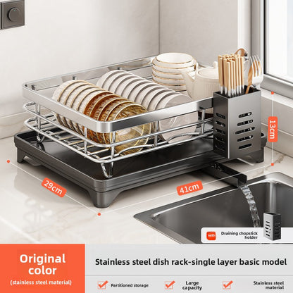 Stainless Steel Kitchen Dish Drainer Rack with Utensil Holder